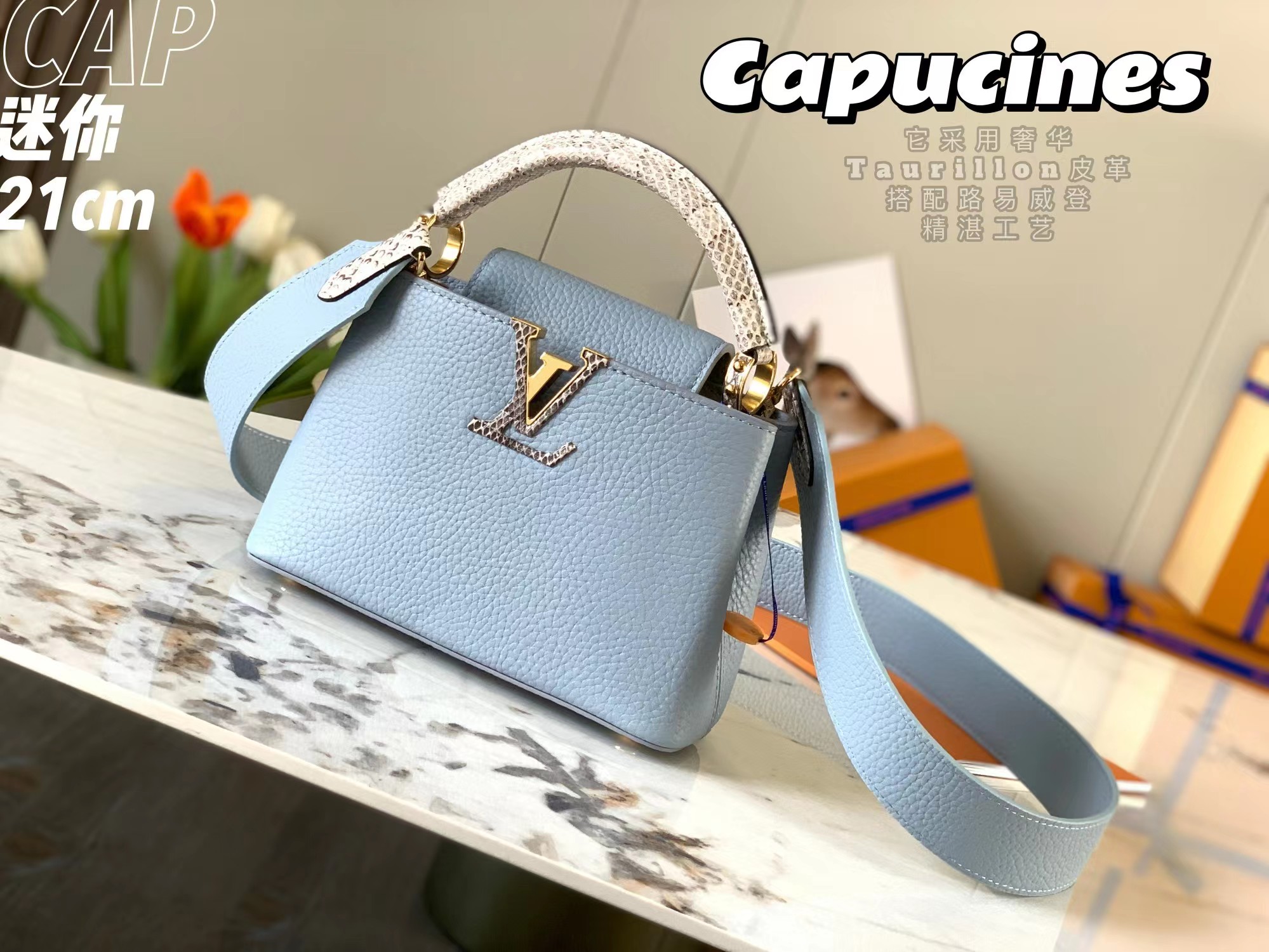 [TOP] Louis Vuitton LV Capucines Bag MINI 21x14x8cm - Light Blue with Python Leather Handles
