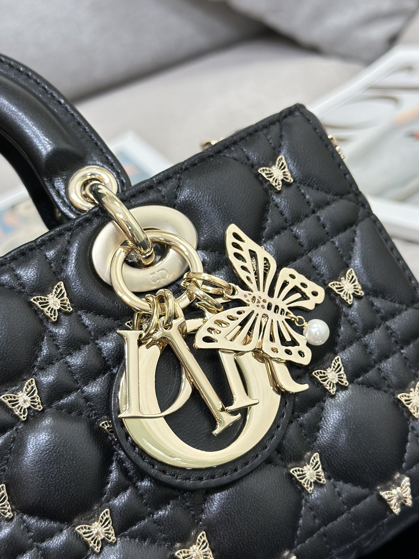 [TOP] Christian Dior Lambskin Butterfly Lady D-Joy Bags 26x13.5x5CM - Black/White - GHW