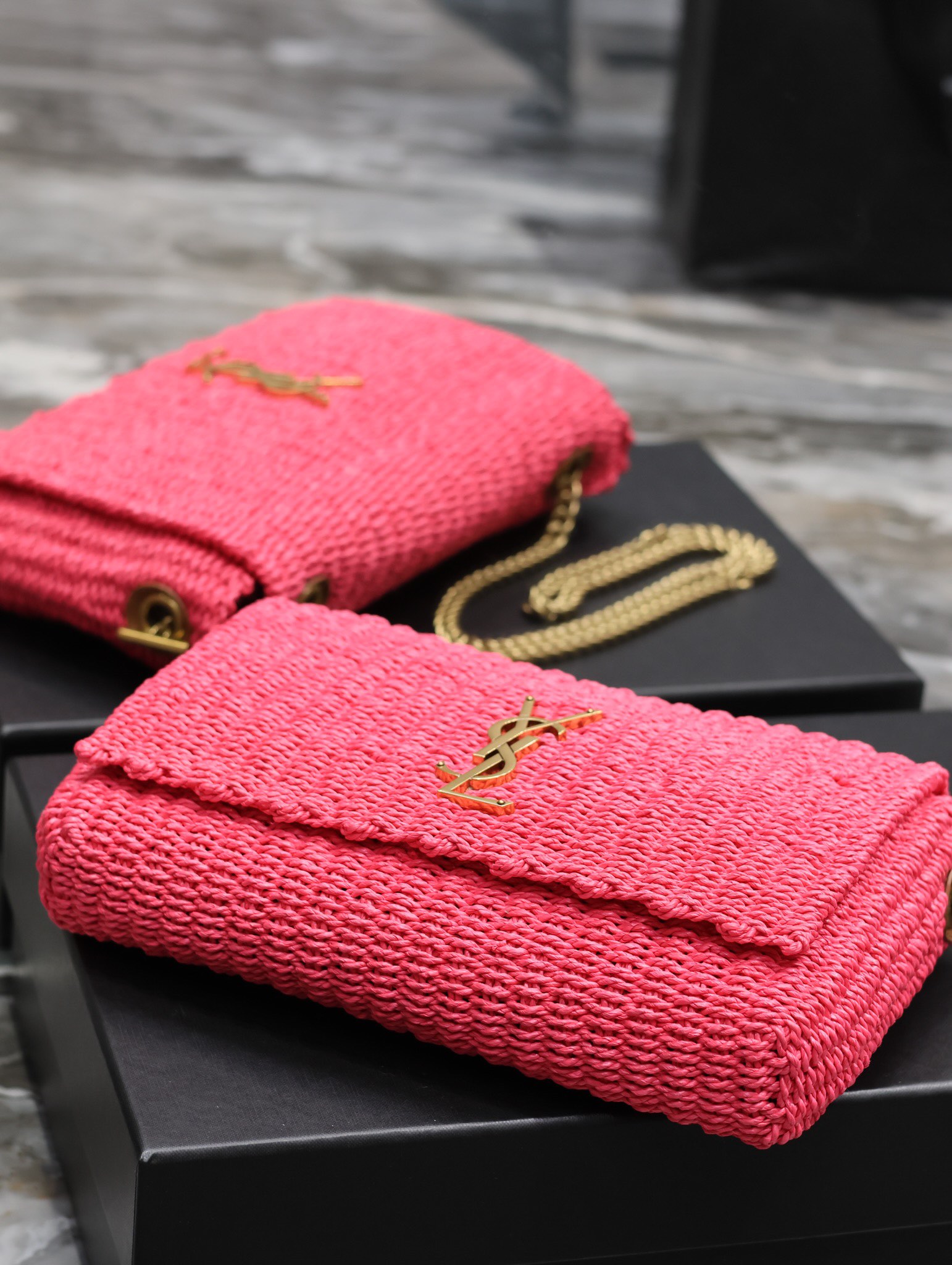 [TOP] Yves Saint Laurent YSL Lafite Grass Vine Weaving Craft Chain Pack - Rose Pink&GHW