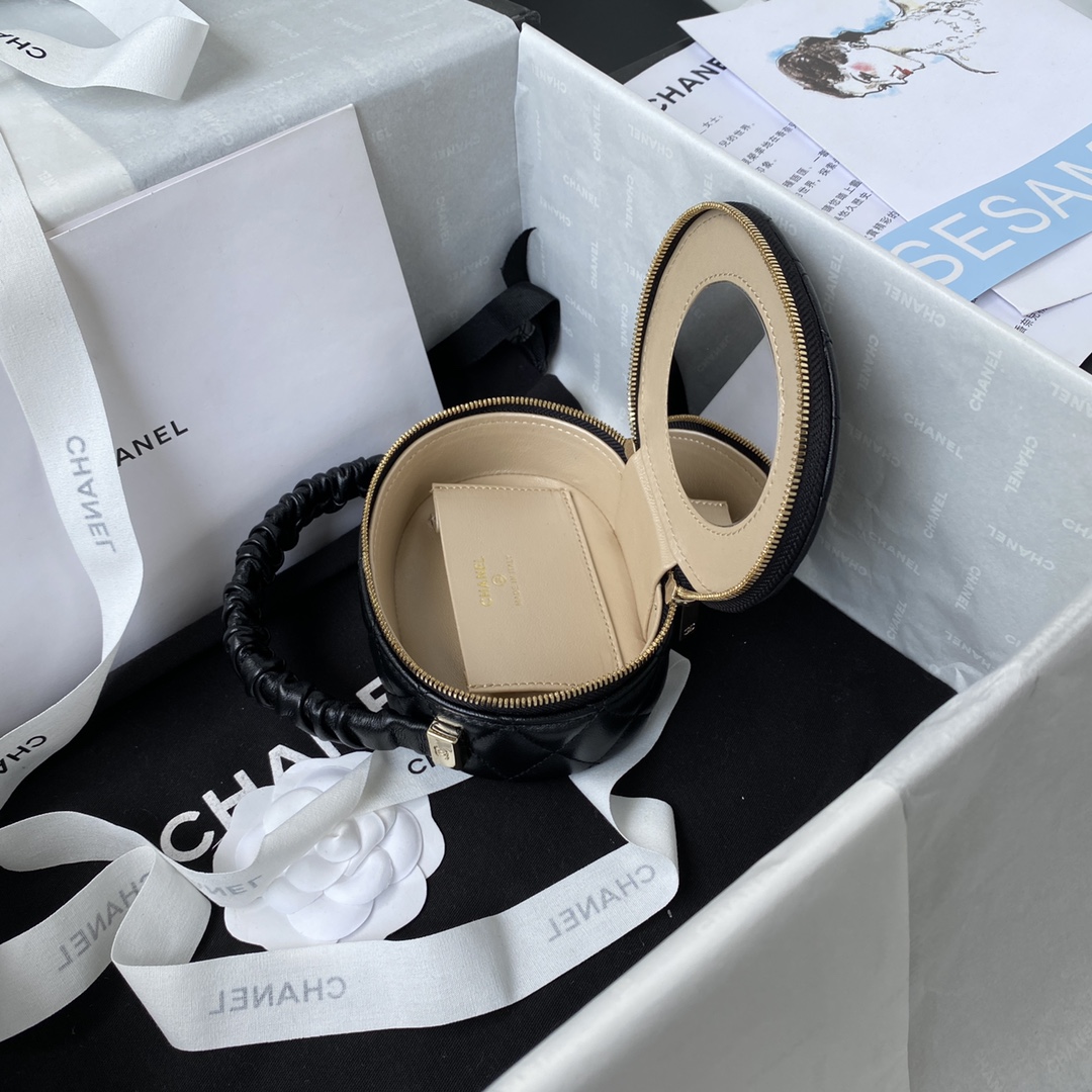 [TOP] CHANEL Folded Handle Retro Small Round Bag 9.5*13x5.5cm - Black