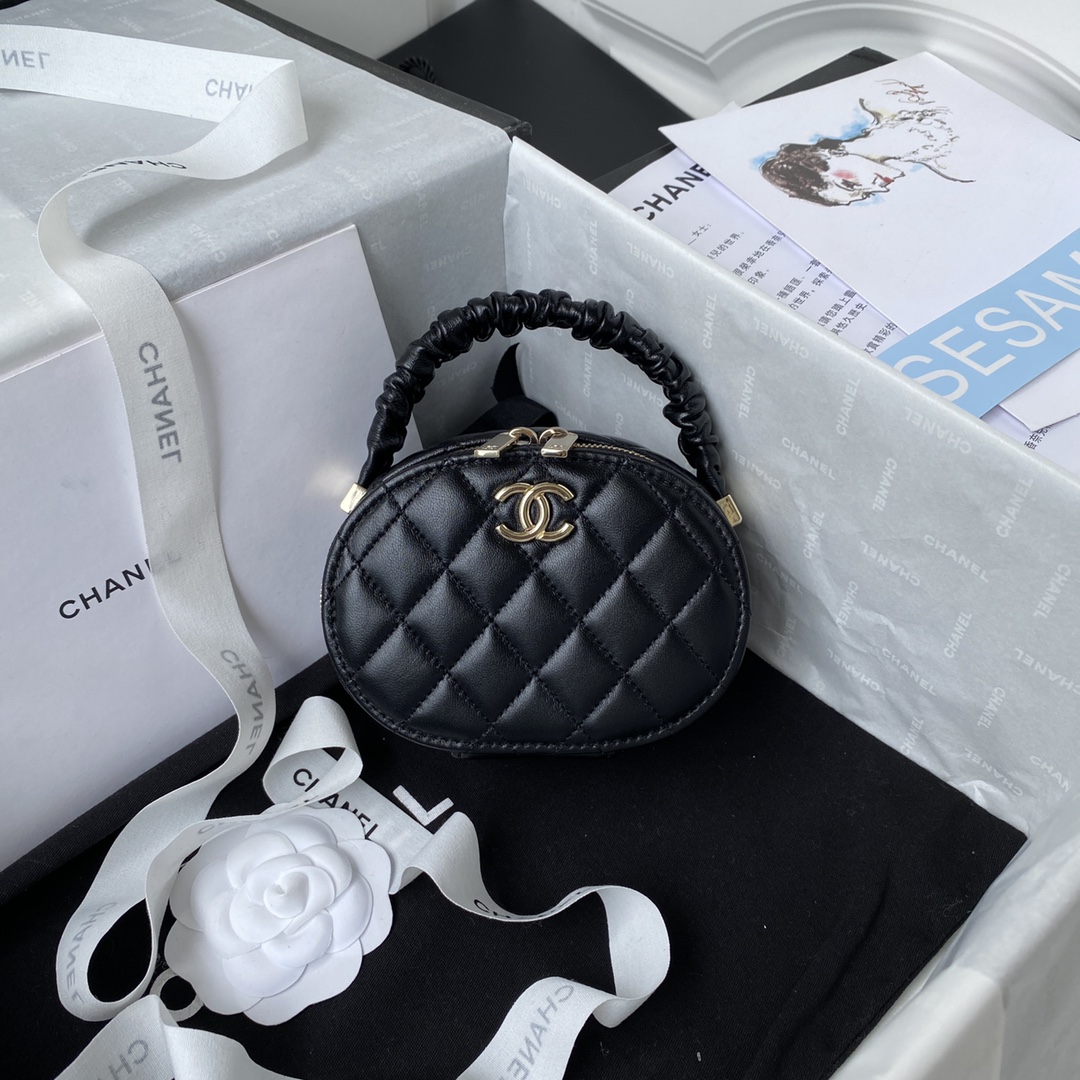 [TOP] CHANEL Folded Handle Retro Small Round Bag 9.5*13x5.5cm - Black