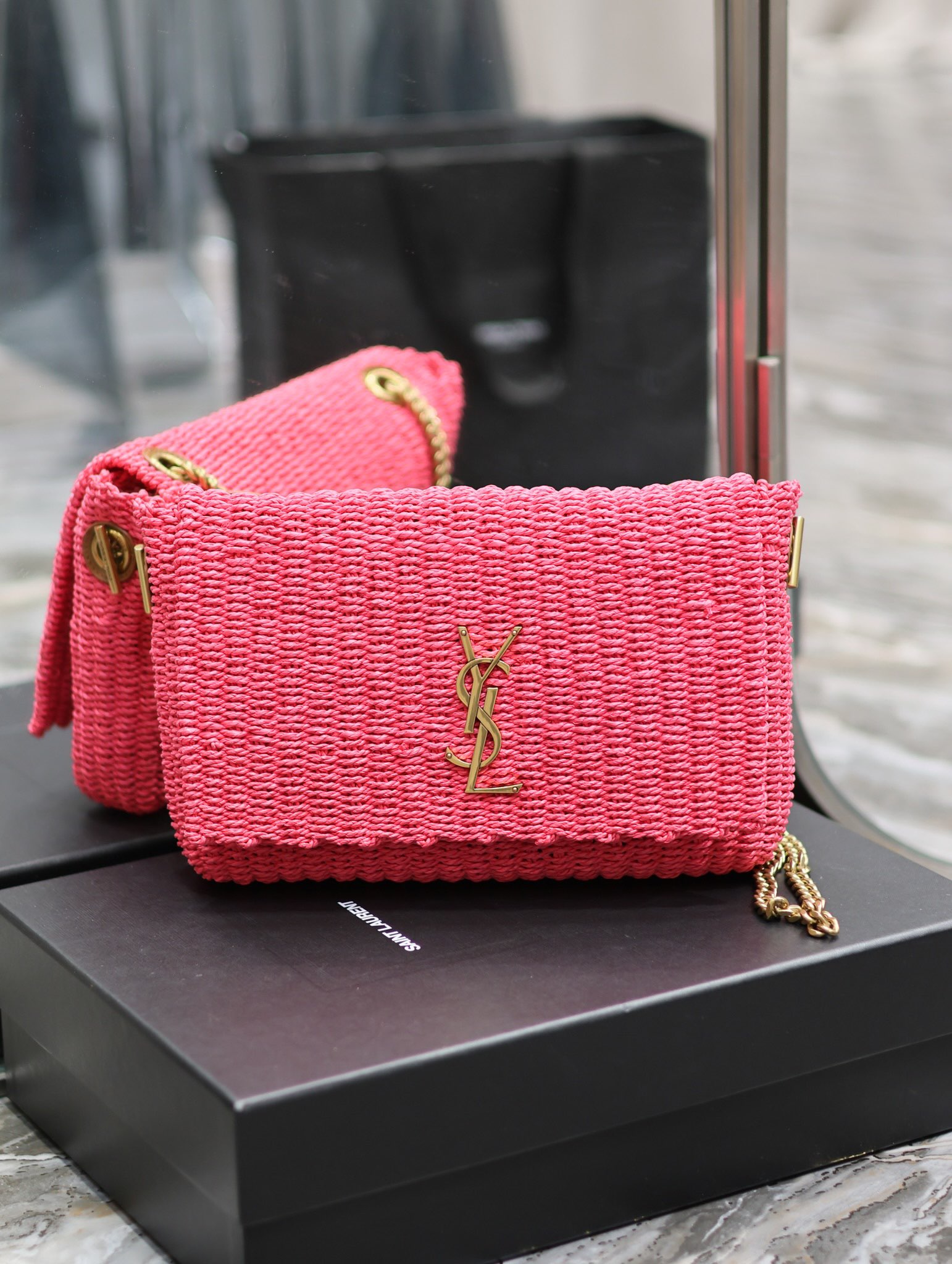 [TOP] Yves Saint Laurent YSL Lafite Grass Vine Weaving Craft Chain Pack - Rose Pink&GHW