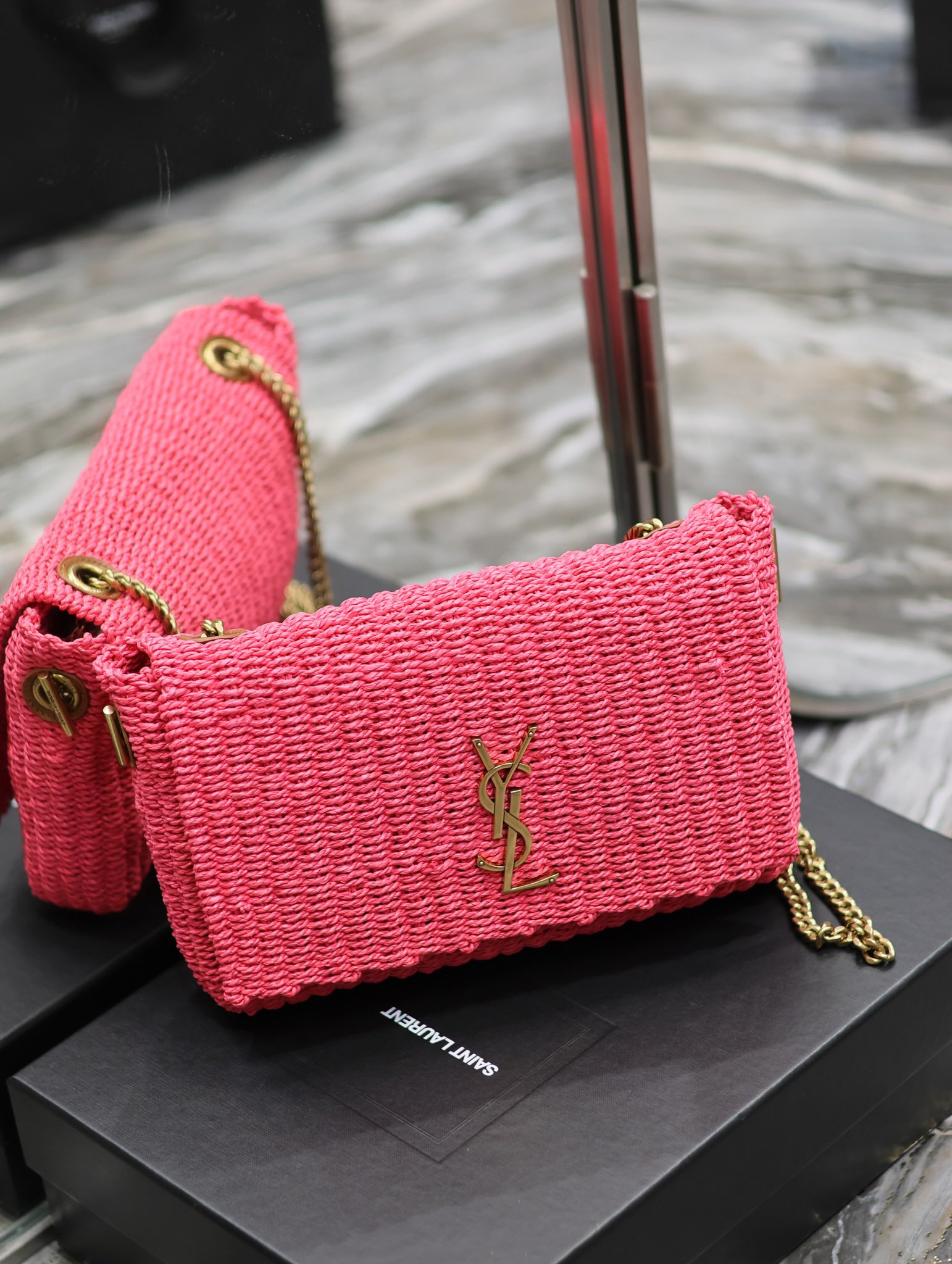 [TOP] Yves Saint Laurent YSL Lafite Grass Vine Weaving Craft Chain Pack - Rose Pink&GHW