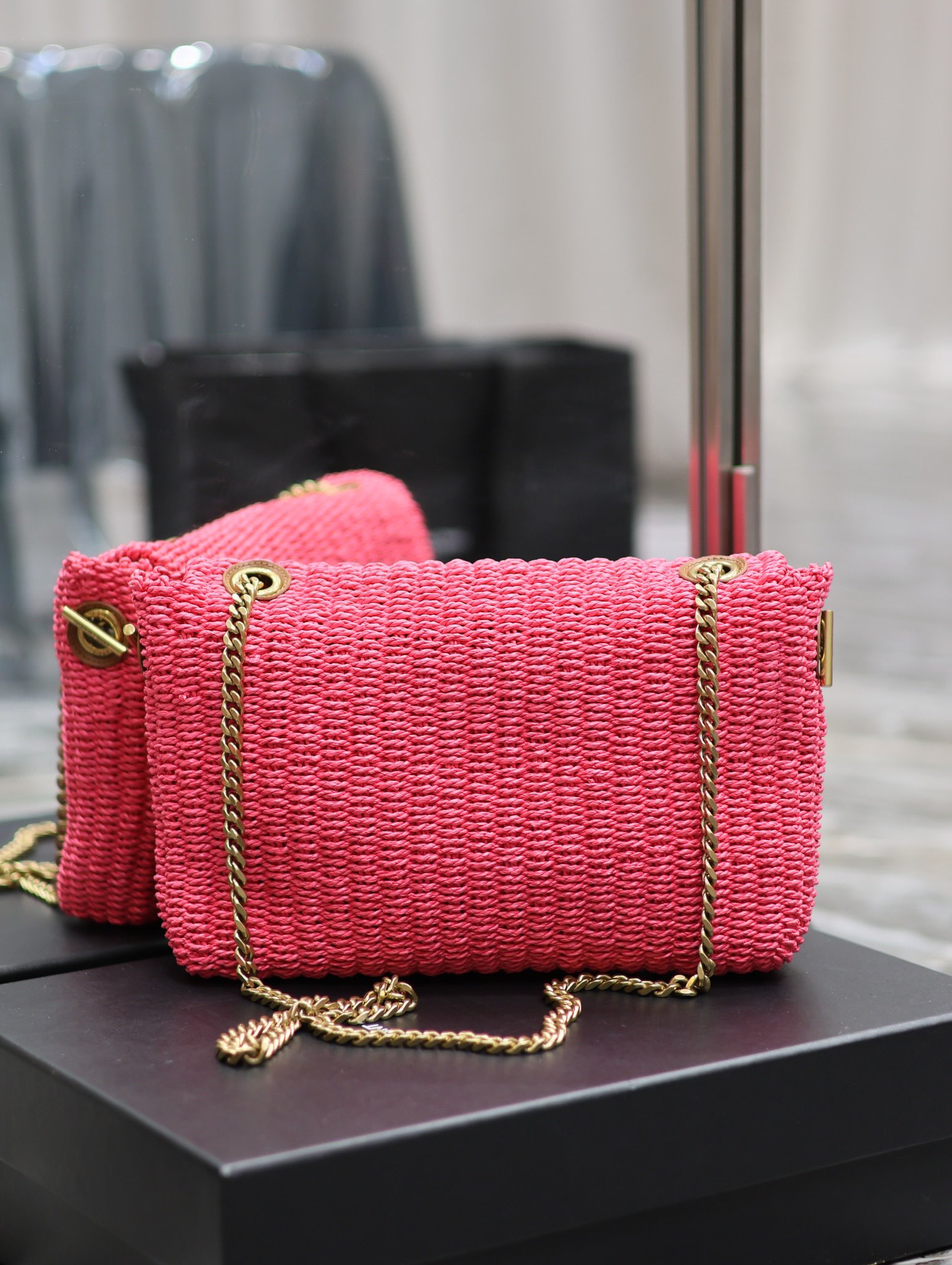 [TOP] Yves Saint Laurent YSL Lafite Grass Vine Weaving Craft Chain Pack - Rose Pink&GHW