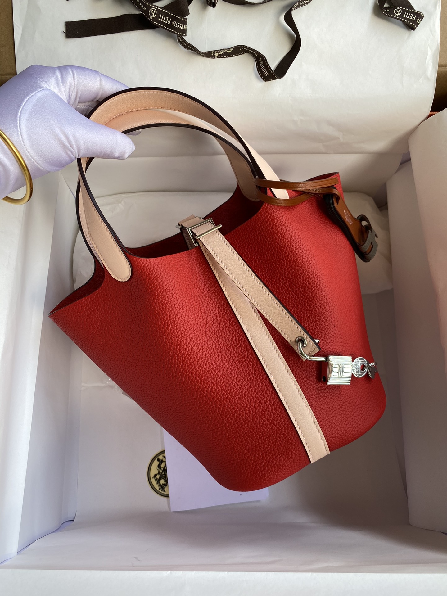 [TOP] HERMES Picotin TC Leather Combined With Swift Leather 18cm - Red Splicing Naked Powder&SHW