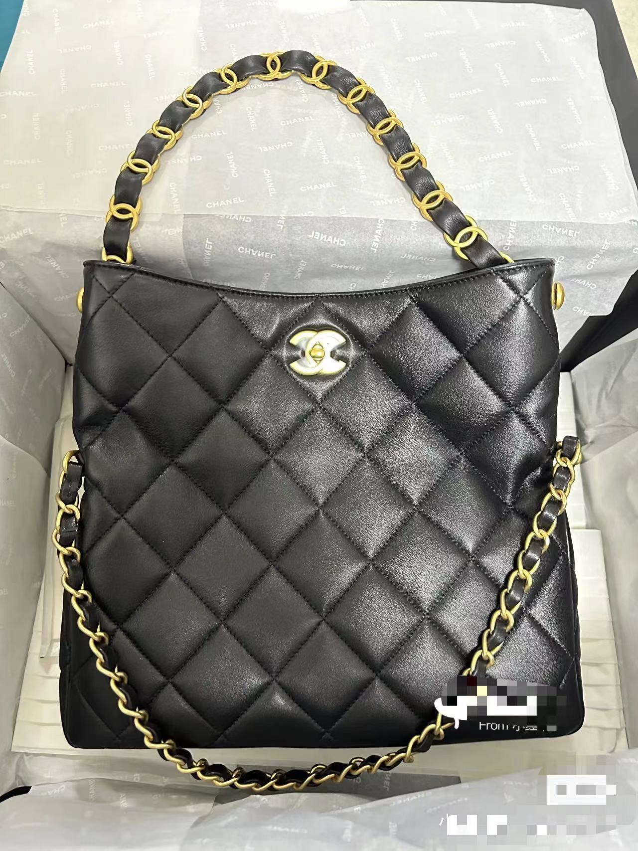 [TOP] CHANEL Leather 24P Hobo Bags 28CM/30CM - Black&GHW
