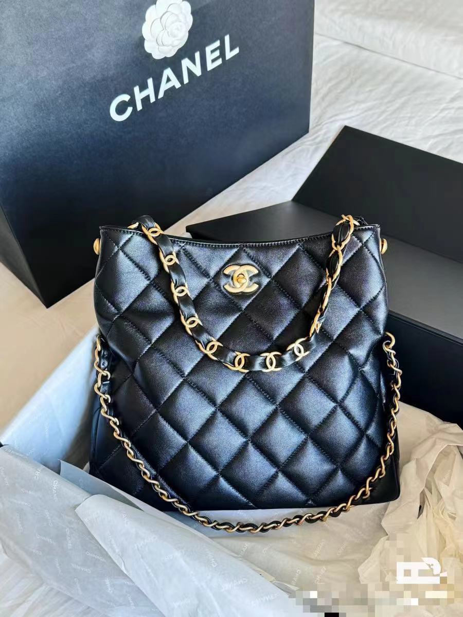 [TOP] CHANEL Leather 24P Hobo Bags 28CM/30CM - Black&GHW