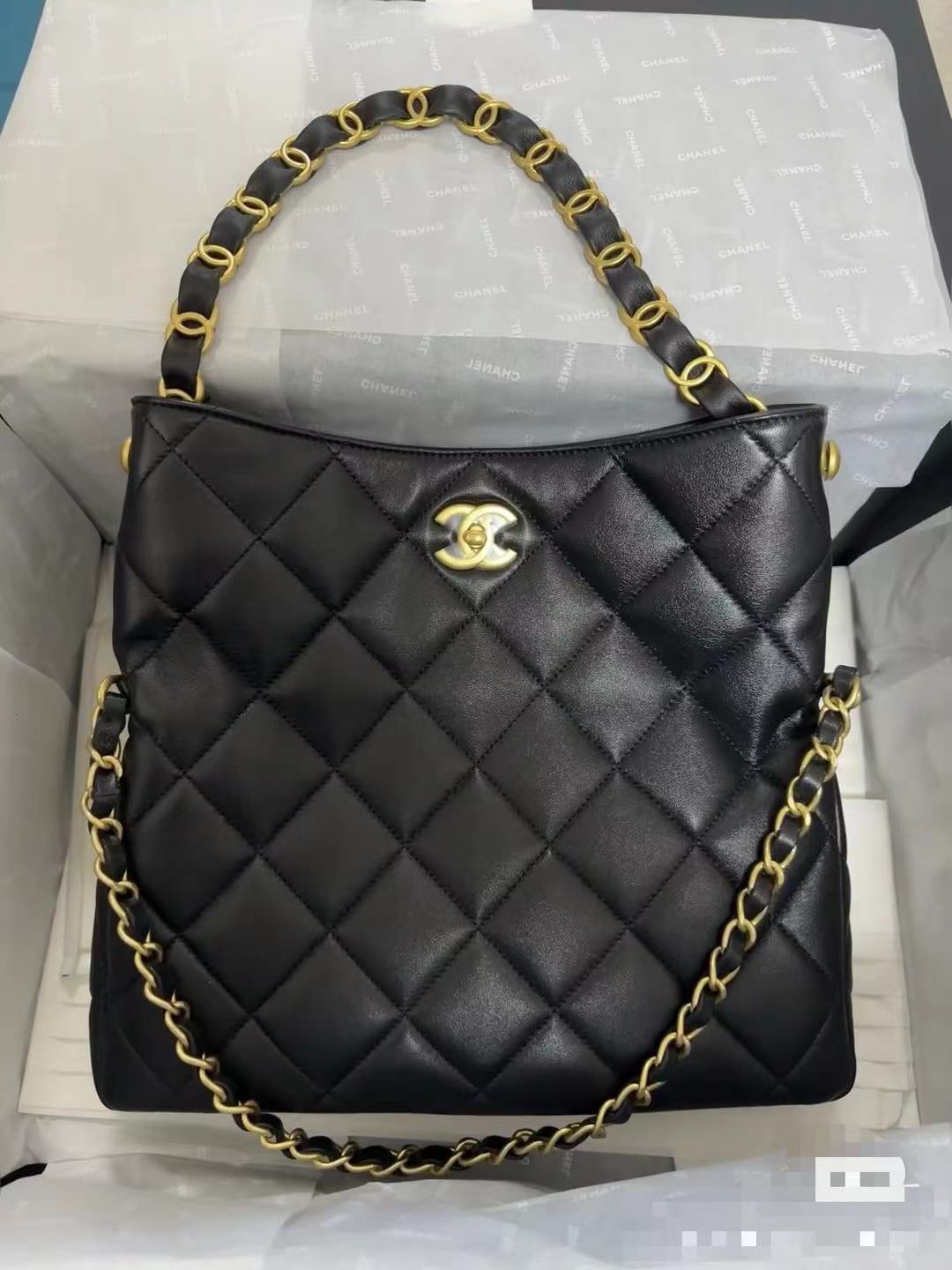 [TOP] CHANEL Leather 24P Hobo Bags 28CM/30CM - Black&GHW