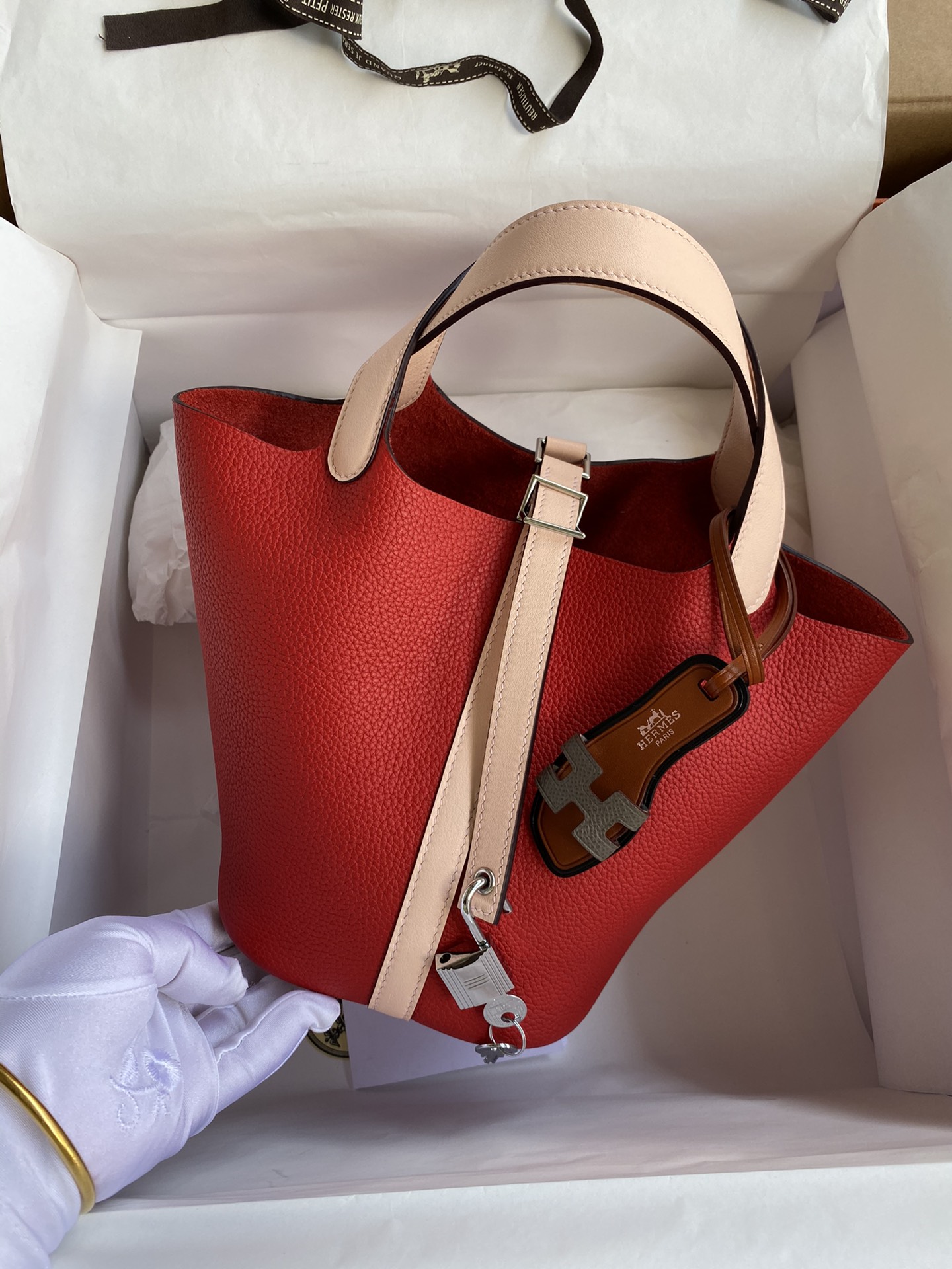 [TOP] HERMES Picotin TC Leather Combined With Swift Leather 18cm - Red Splicing Naked Powder&SHW
