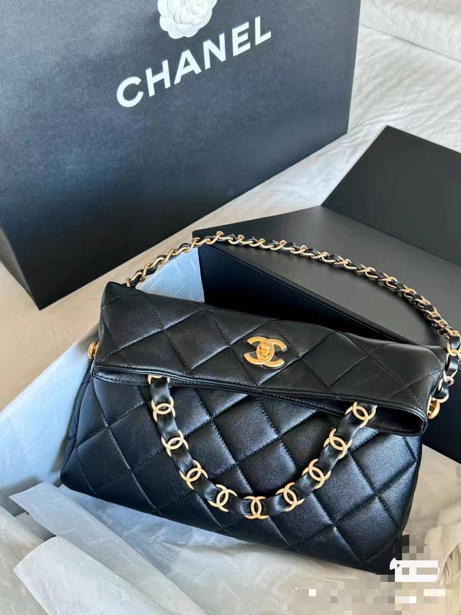 [TOP] CHANEL Leather 24P Hobo Bags 28CM/30CM - Black&GHW