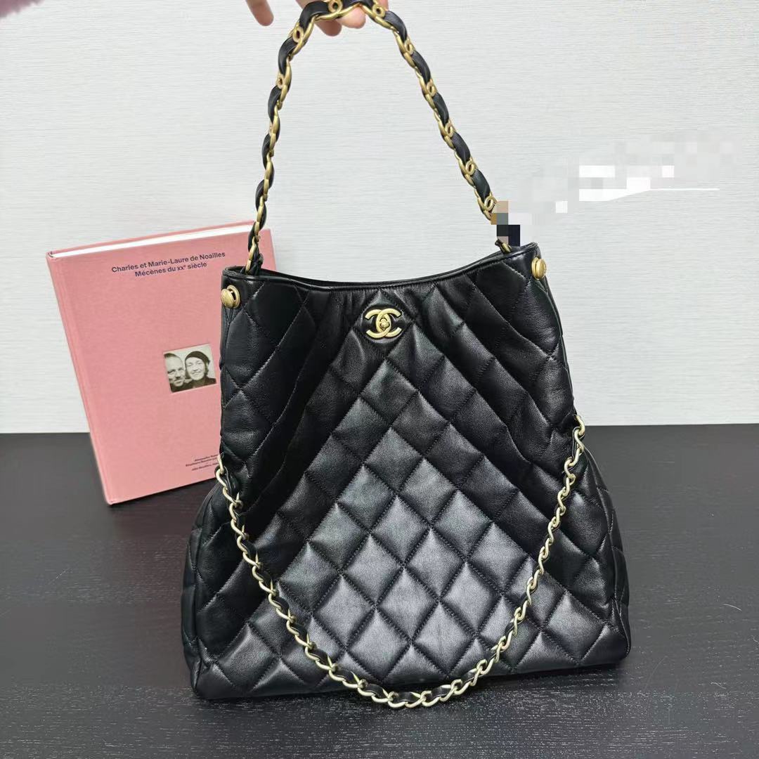 [TOP] CHANEL Leather 24P Hobo Bags 28CM/30CM - Black&GHW