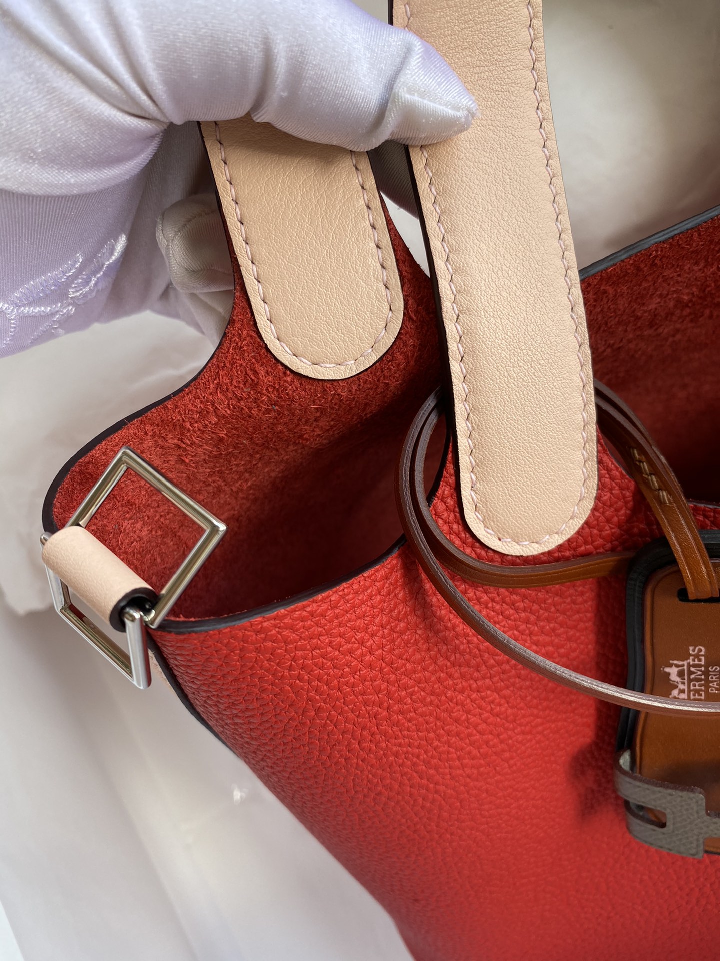 [TOP] HERMES Picotin TC Leather Combined With Swift Leather 18cm - Red Splicing Naked Powder&SHW