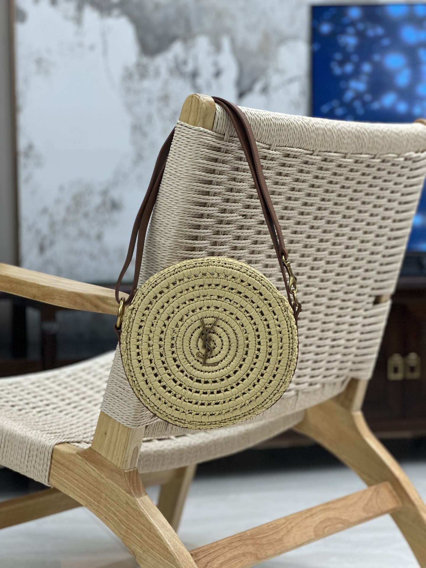 [TOP] Yves Saint Laurent YSL Round Woven Bags 21×21×4cm - Black/Beige - GWH