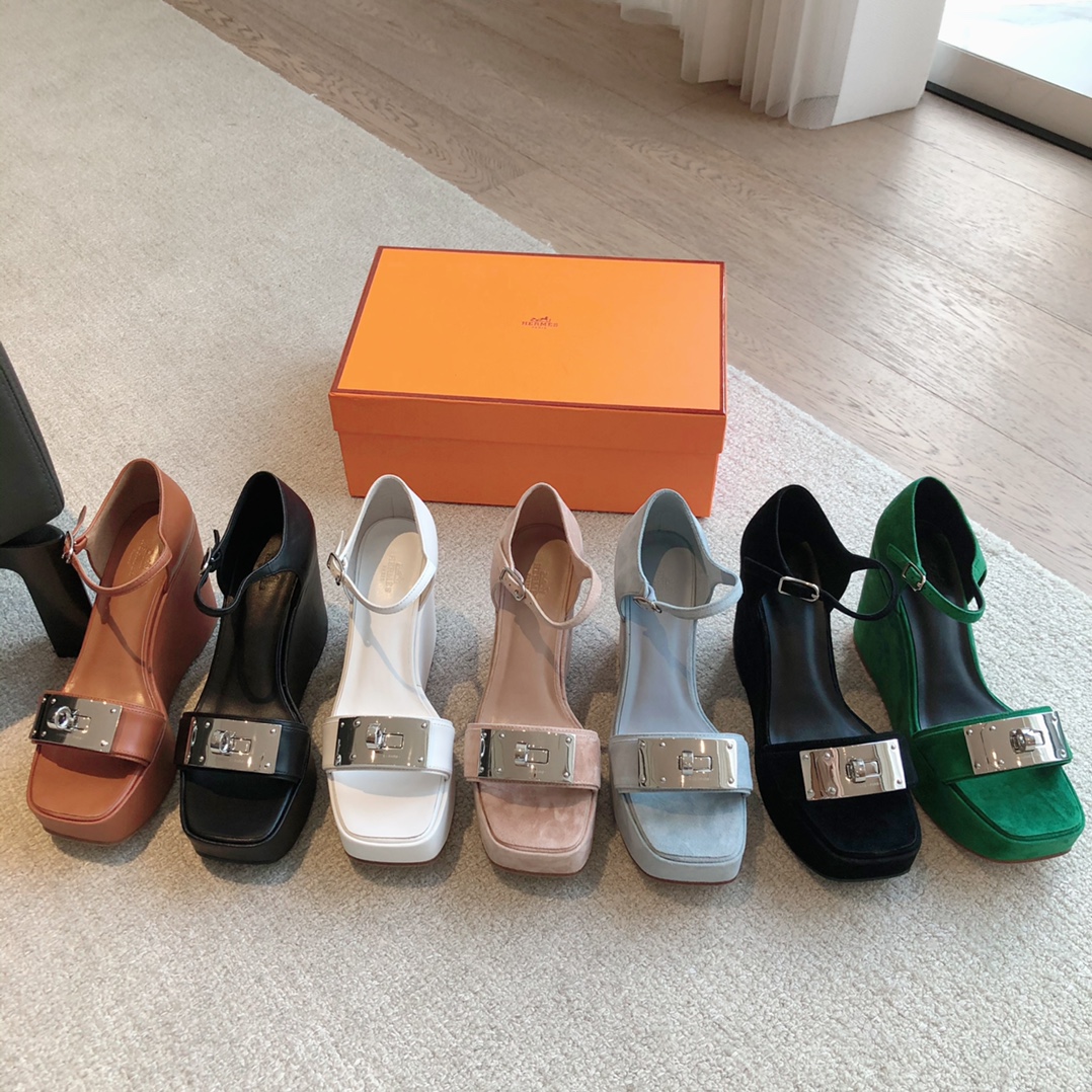 [TOP] HERMES High Heel Calfskin Sandals - 7 Colors