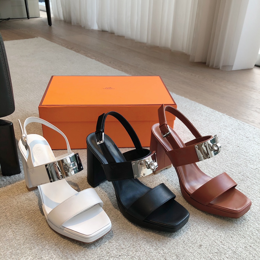 [TOP] HERMES High Heel Calfskin Sandals - 3 Colors