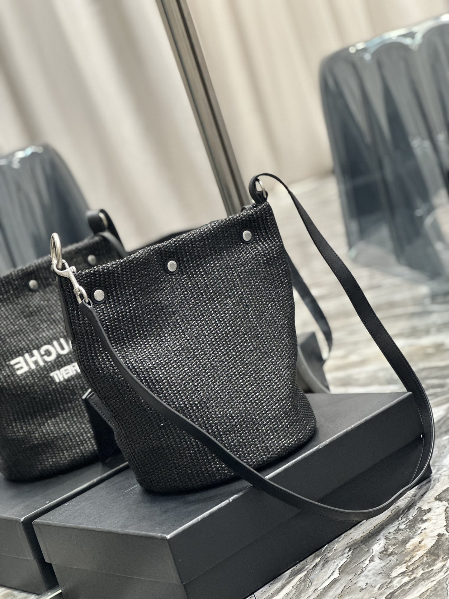 [TOP] Yves Saint Laurent YSL French Woven Bucket Bag - Black