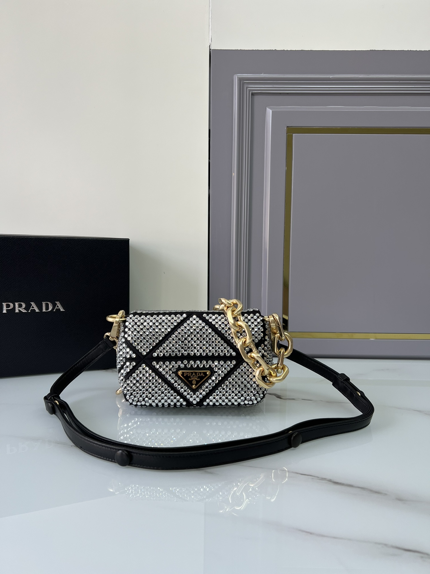 [TOP] PRADA Imitation Crystal And Hand Sewn Bags 17x11.5×6.5cm - Silver/Gold