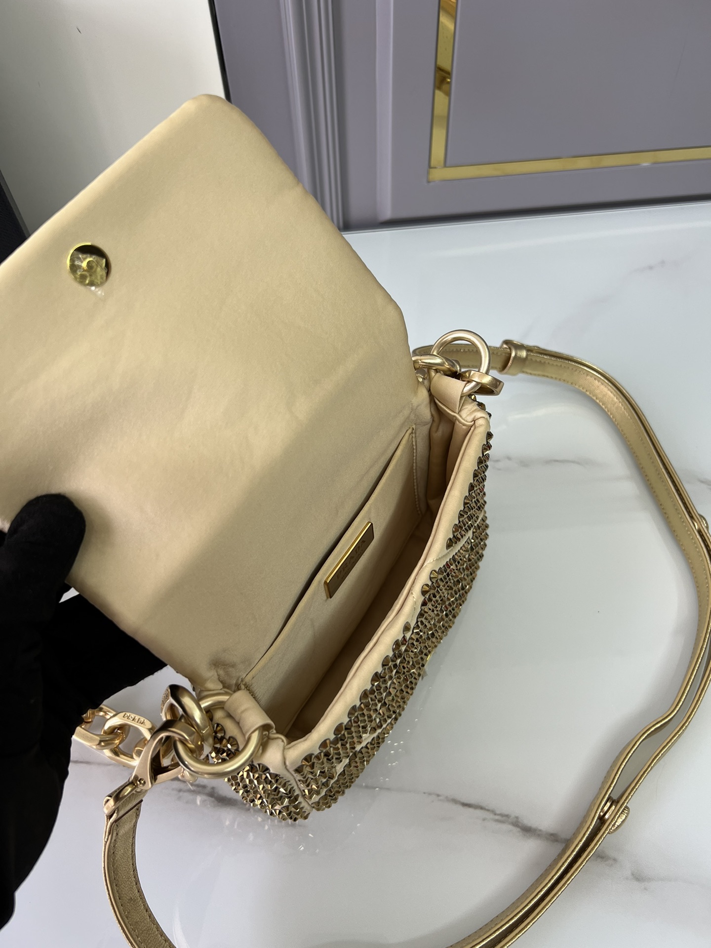 [TOP] PRADA Imitation Crystal And Hand Sewn Bags 17x11.5×6.5cm - Silver/Gold