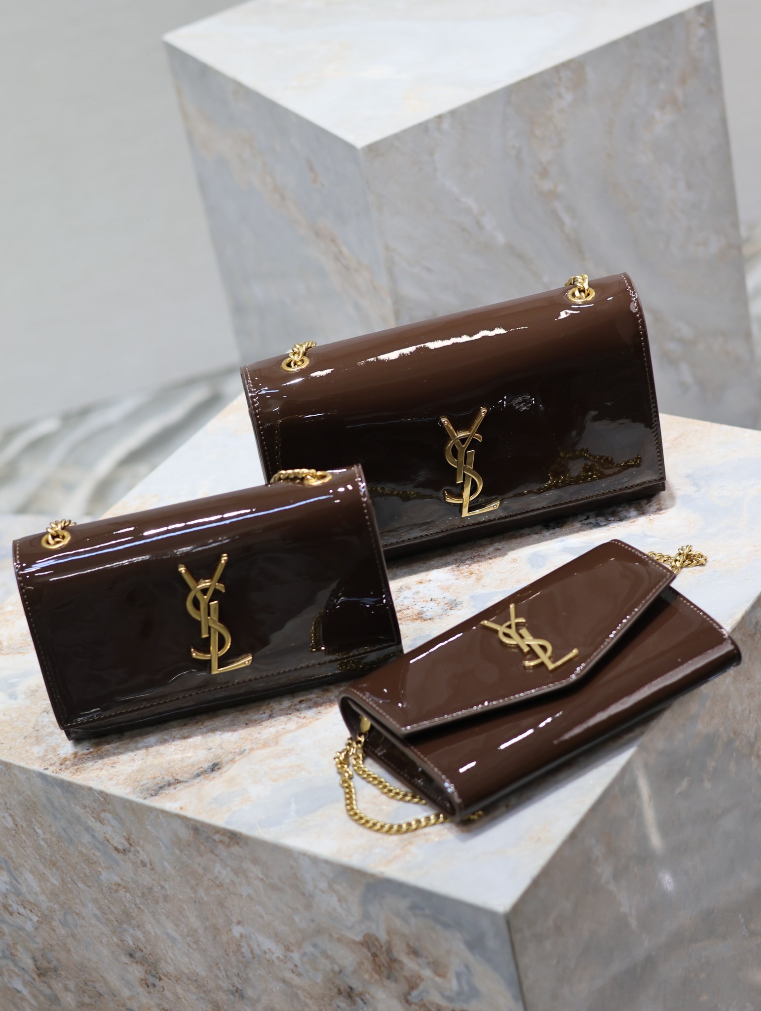 [TOP] Yves Saint Laurent YSL Lacquer Leather Kate Bags - 3 Size - Maroon&GHW