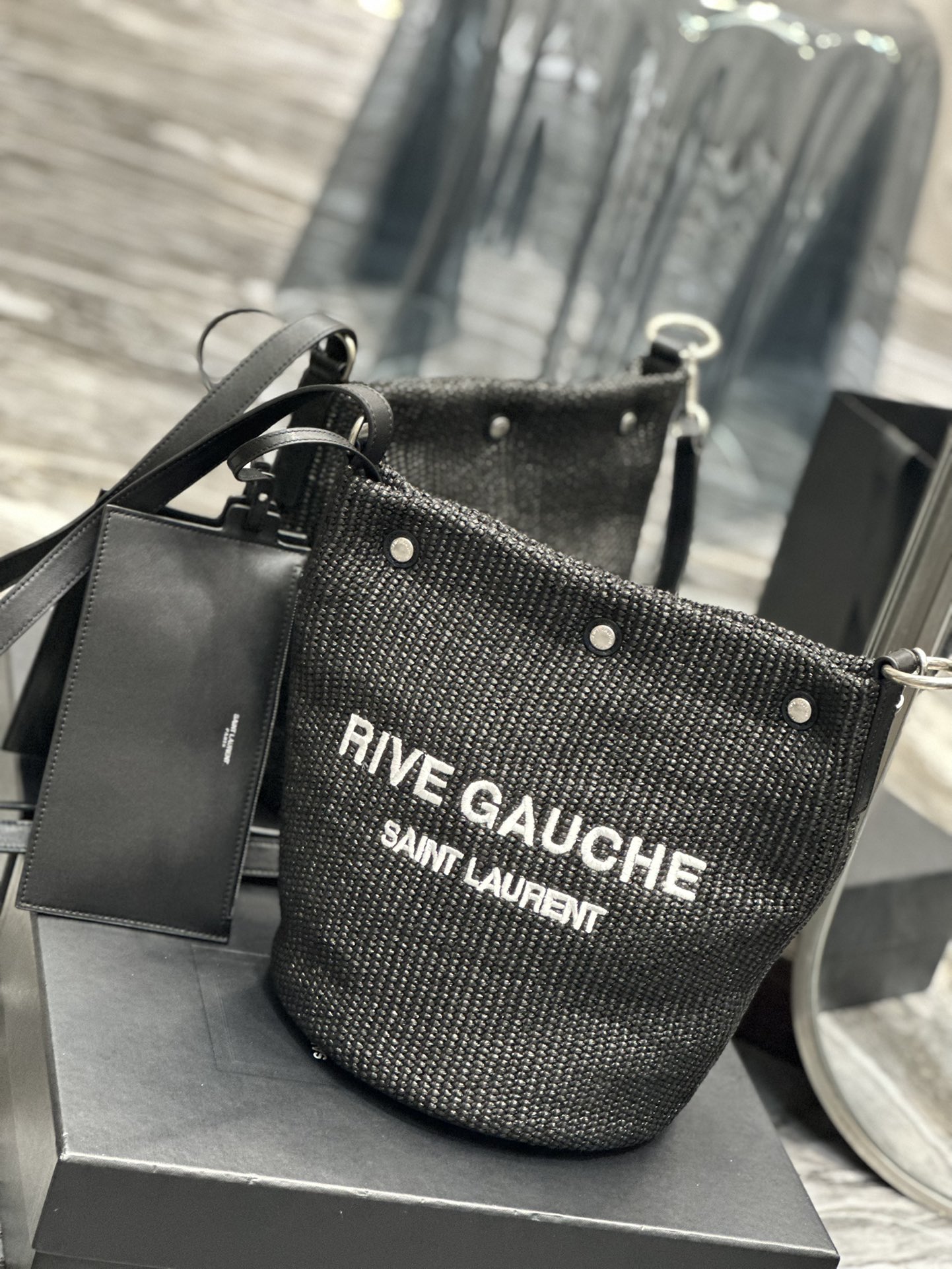 [TOP] Yves Saint Laurent YSL French Woven Bucket Bag - Black