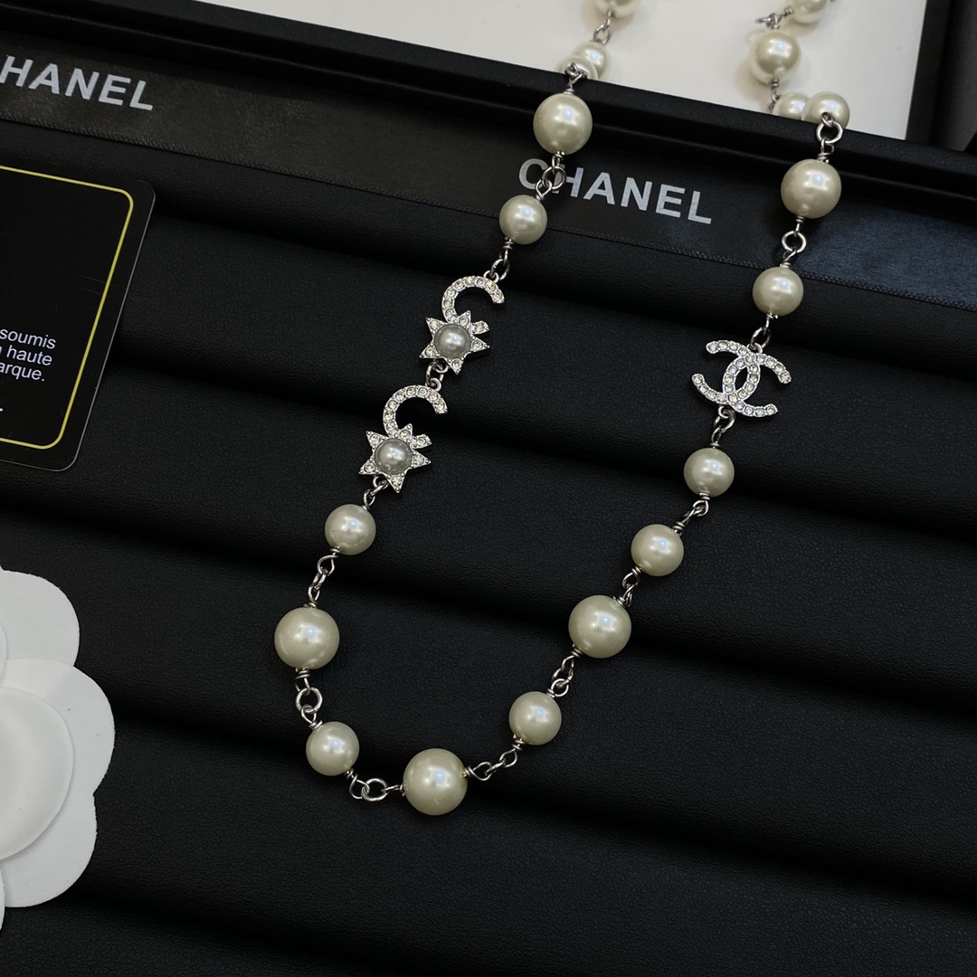 [TOP] CHANEL Necklace with Pearl and Stars&Moon - Silver