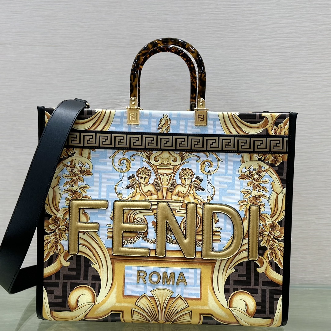 [TOP] FENDI Versace And Fendi Co Branded Large Sunshine Leather Handbag 40.5*35*21.5cm - Golden