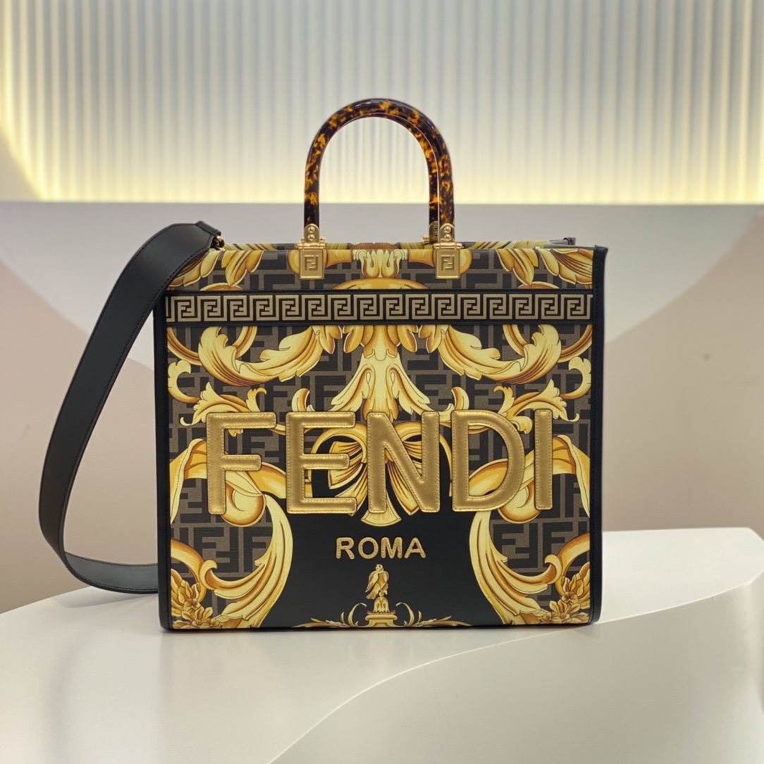[TOP] FENDI Versace And Fendi Co Branded Medium Sunshine Leather Handbag 35x31x17cm - Golden