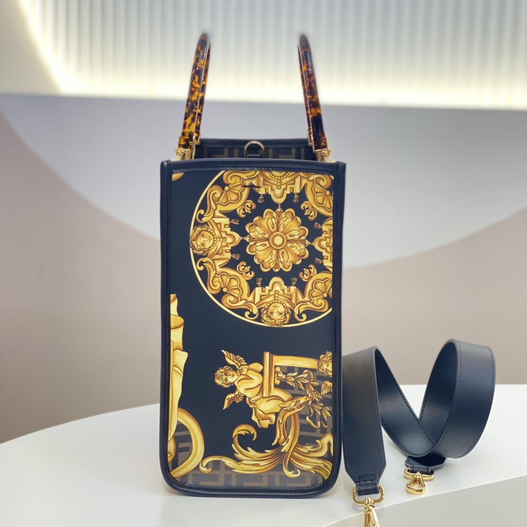[TOP] FENDI Versace And Fendi Co Branded Medium Sunshine Leather Handbag 35x31x17cm - Golden