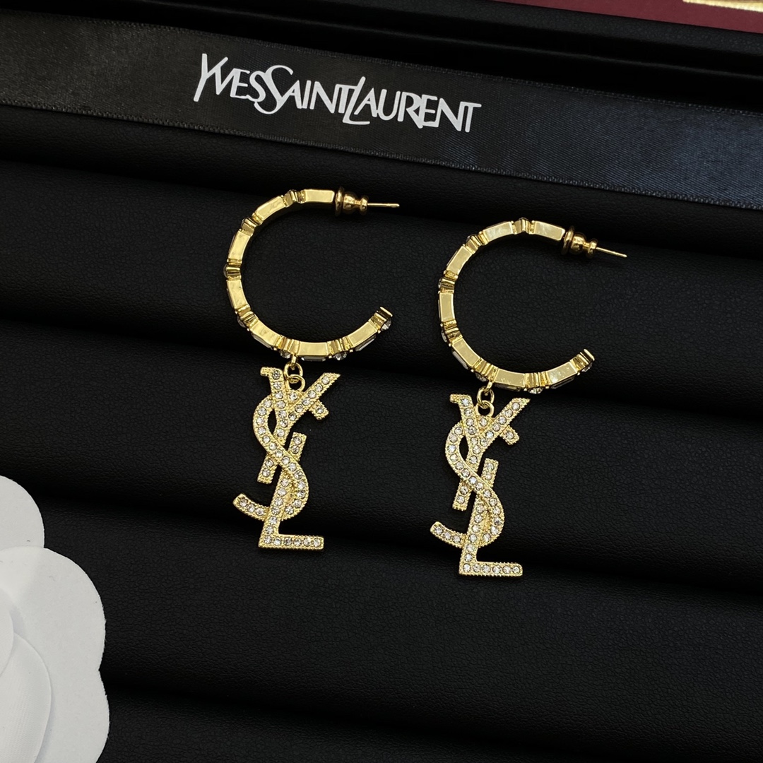 [TOP] Yves Saint Laurent YSL Earrings with Diamonds Logo - Gold