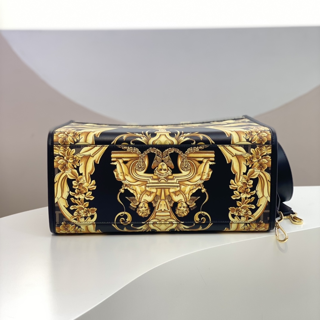 [TOP] FENDI Versace And Fendi Co Branded Medium Sunshine Leather Handbag 35x31x17cm - Golden