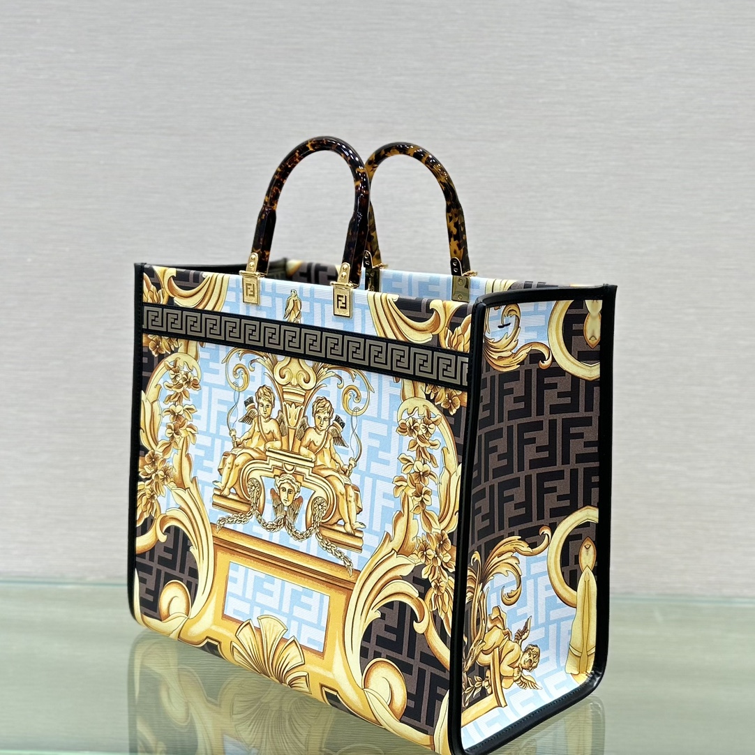 [TOP] FENDI Versace And Fendi Co Branded Large Sunshine Leather Handbag 40.5*35*21.5cm - Golden