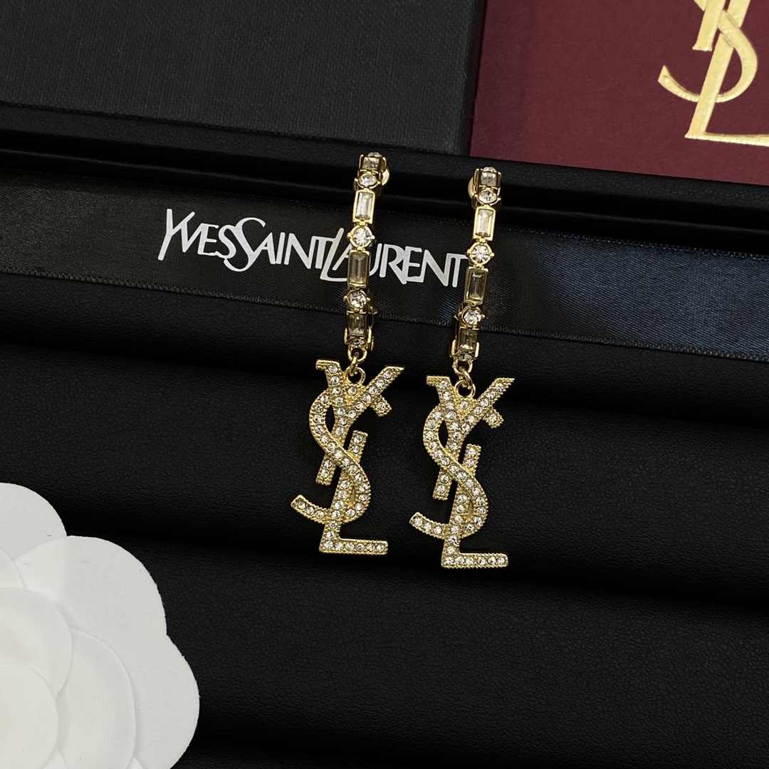 [TOP] Yves Saint Laurent YSL Earrings with Diamonds Logo - Gold