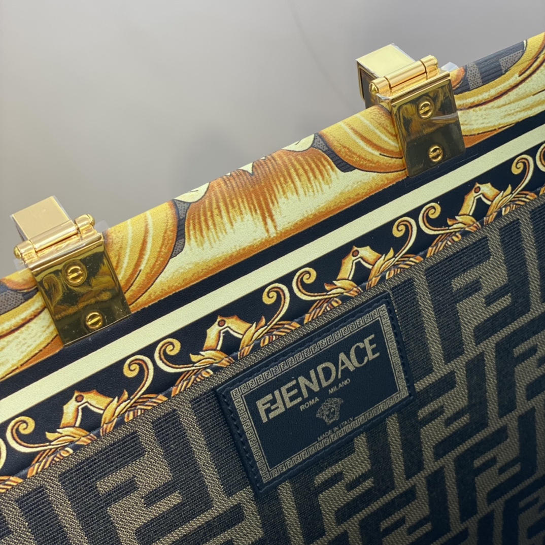 [TOP] FENDI Versace And Fendi Co Branded Medium Sunshine Leather Handbag 35x31x17cm - Golden