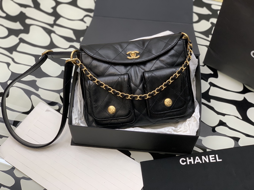 [TOP] CHANEL Calfskin 24p Axillary Hoho Bags 19*24*5*cm/21*30*5*cm - Black&GHW