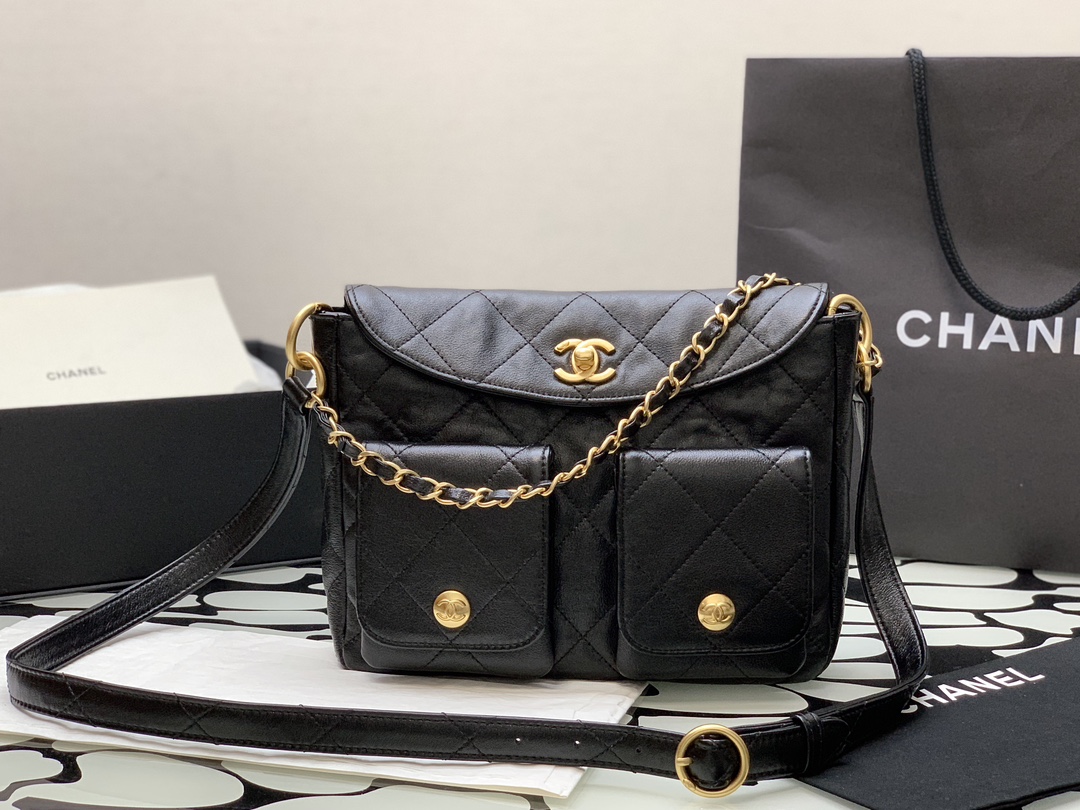[TOP] CHANEL Calfskin 24p Axillary Hoho Bags 19*24*5*cm/21*30*5*cm - Black&GHW