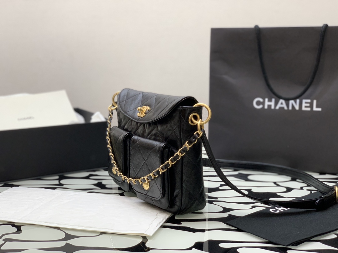 [TOP] CHANEL Calfskin 24p Axillary Hoho Bags 19*24*5*cm/21*30*5*cm - Black&GHW