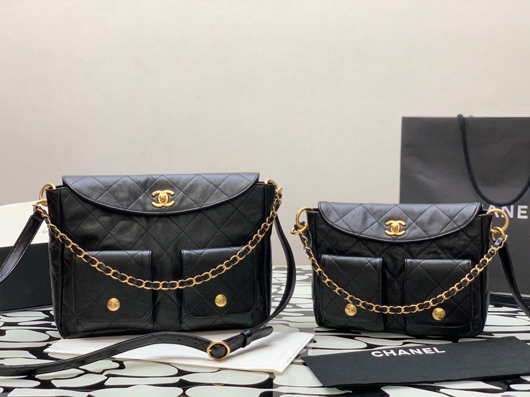 [TOP] CHANEL Calfskin 24p Axillary Hoho Bags 19*24*5*cm/21*30*5*cm - Black&GHW