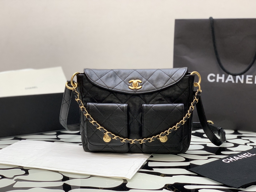 [TOP] CHANEL Calfskin 24p Axillary Hoho Bags 19*24*5*cm/21*30*5*cm - Black&GHW