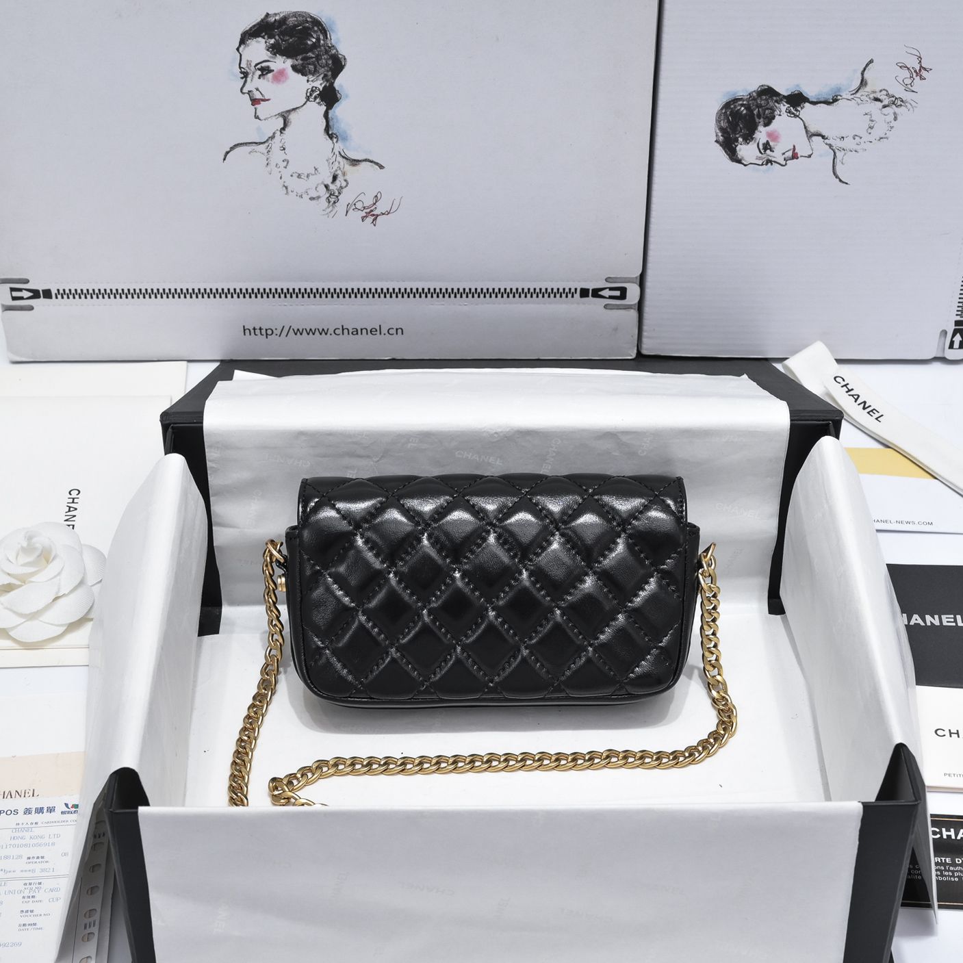 [TOP] CHANEL Oil Wax Double C Ultra Mini Bag 10X17.2X3.3cm - Black&GHW