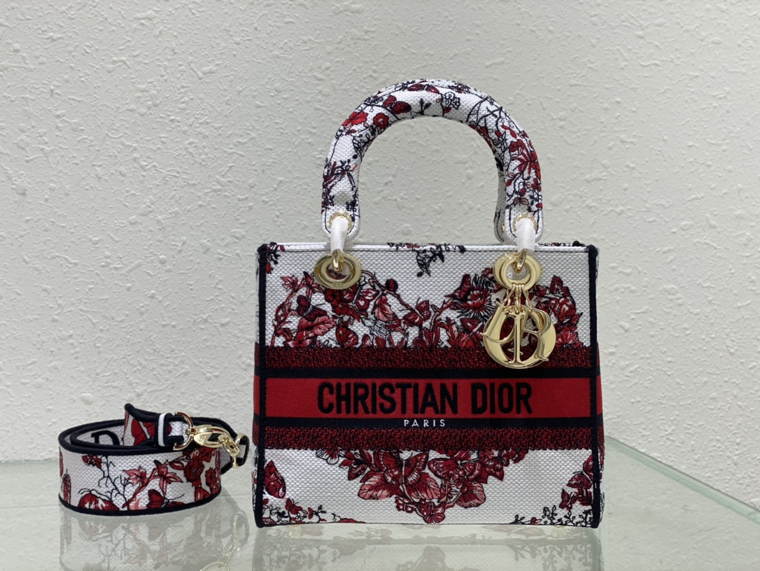 [TOP] Christian Dior Embroidered Butterfly Lady D-Lite Handbag 24x20x11CM - GHW