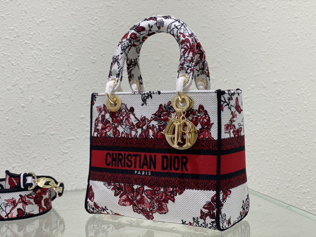 [TOP] Christian Dior Embroidered Butterfly Lady D-Lite Handbag 24x20x11CM - GHW
