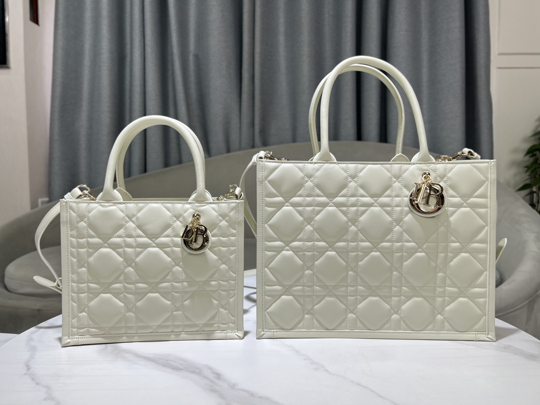 [TOP] Christian Dior Calfskin Leather Book Tote Bags 26.5cm/36.5cm- White