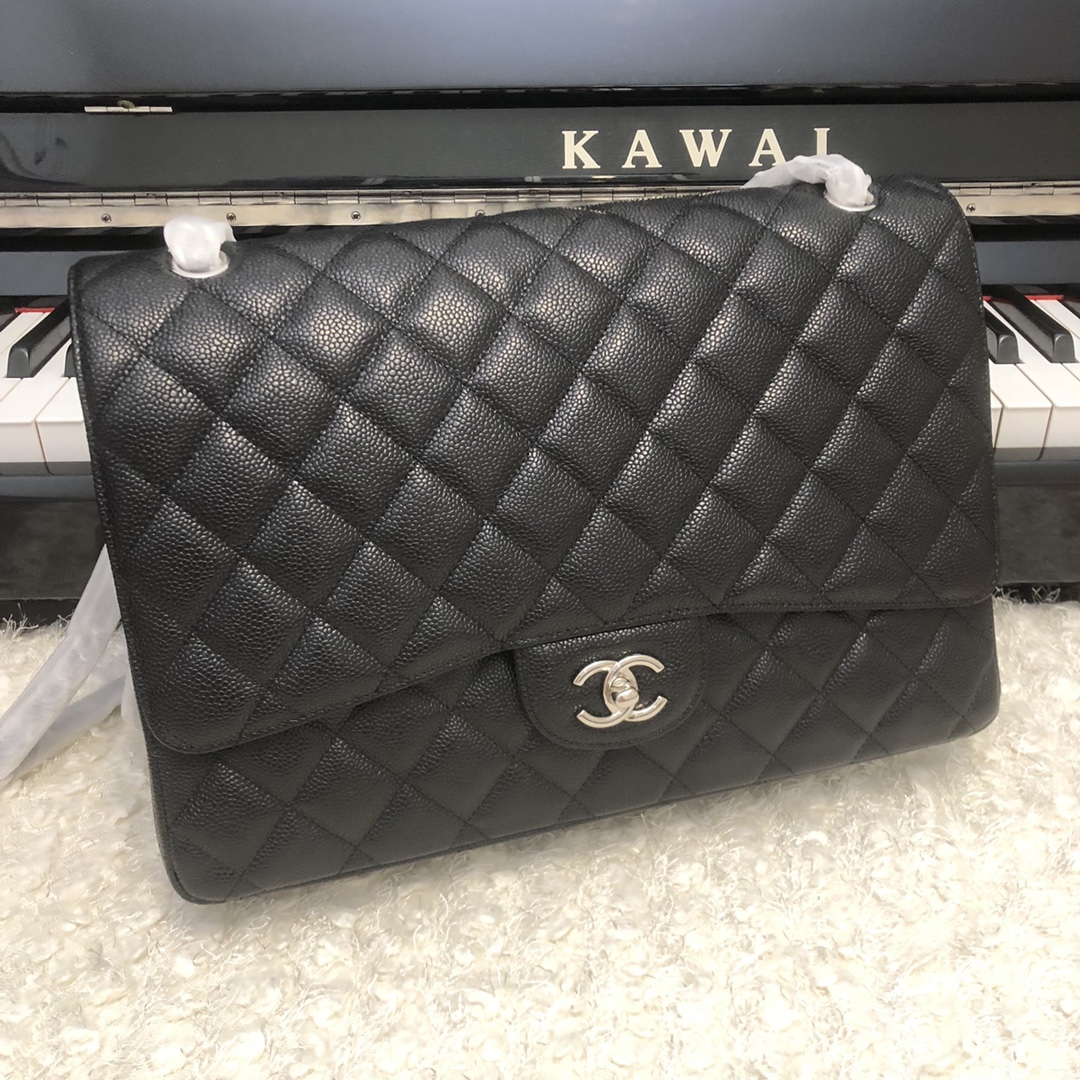 [TOP] CHANEL Classic Flap Bag Caviar Max 33X20X10cm – Black & SHW