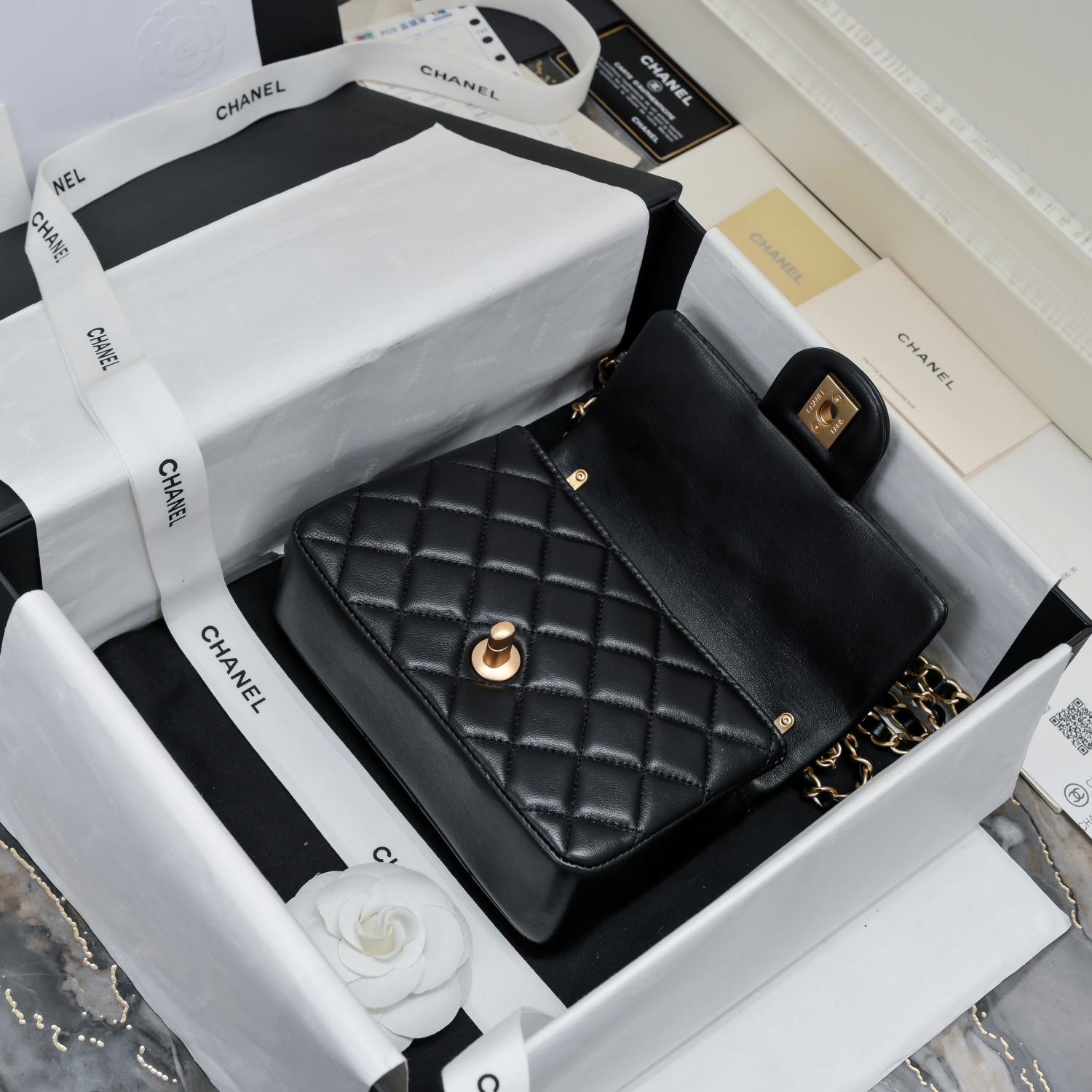 [TOP] CHANEL Classic Lambskin Flap Bags 17cm/19.5cm - Black/Pink - GHW