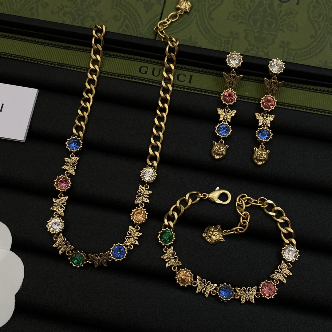 [TOP] GUCCI Butterfly/Crystal Earrings/Necklace/Bracelet - Gold