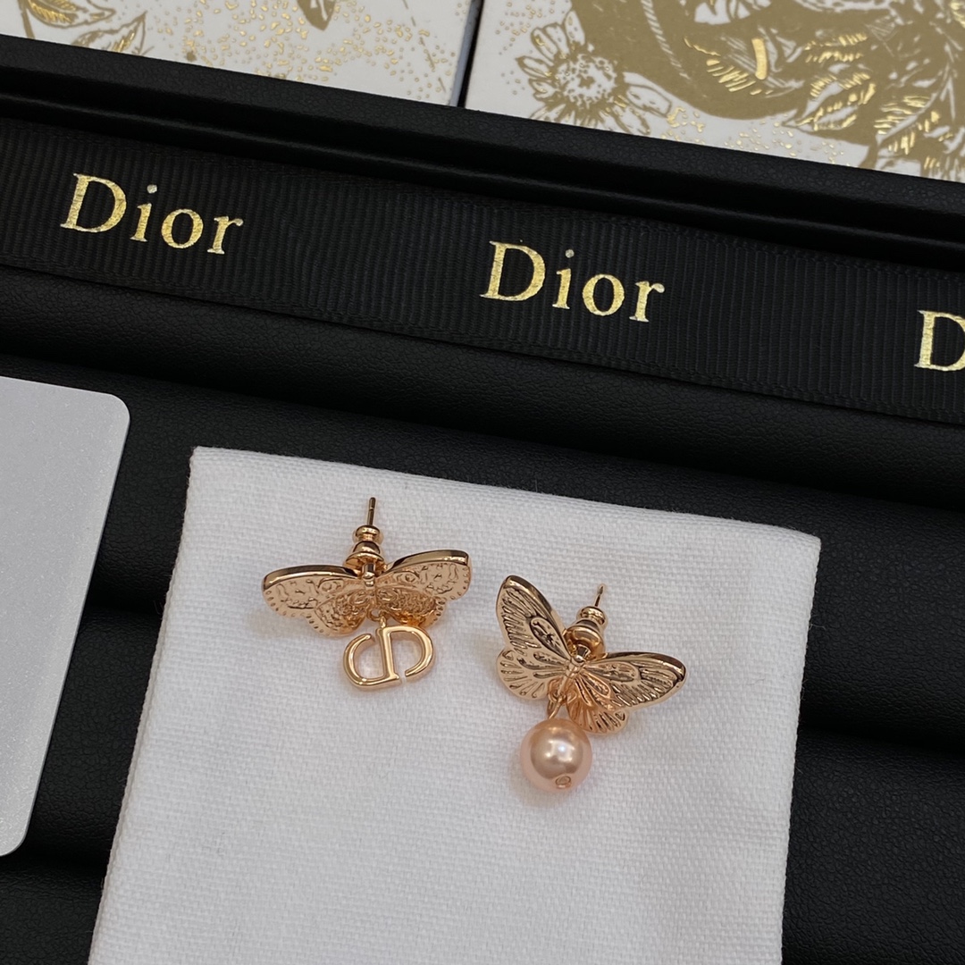 [TOP] Christian Dior Butterfly/Pearl Earrings - Rose Gold