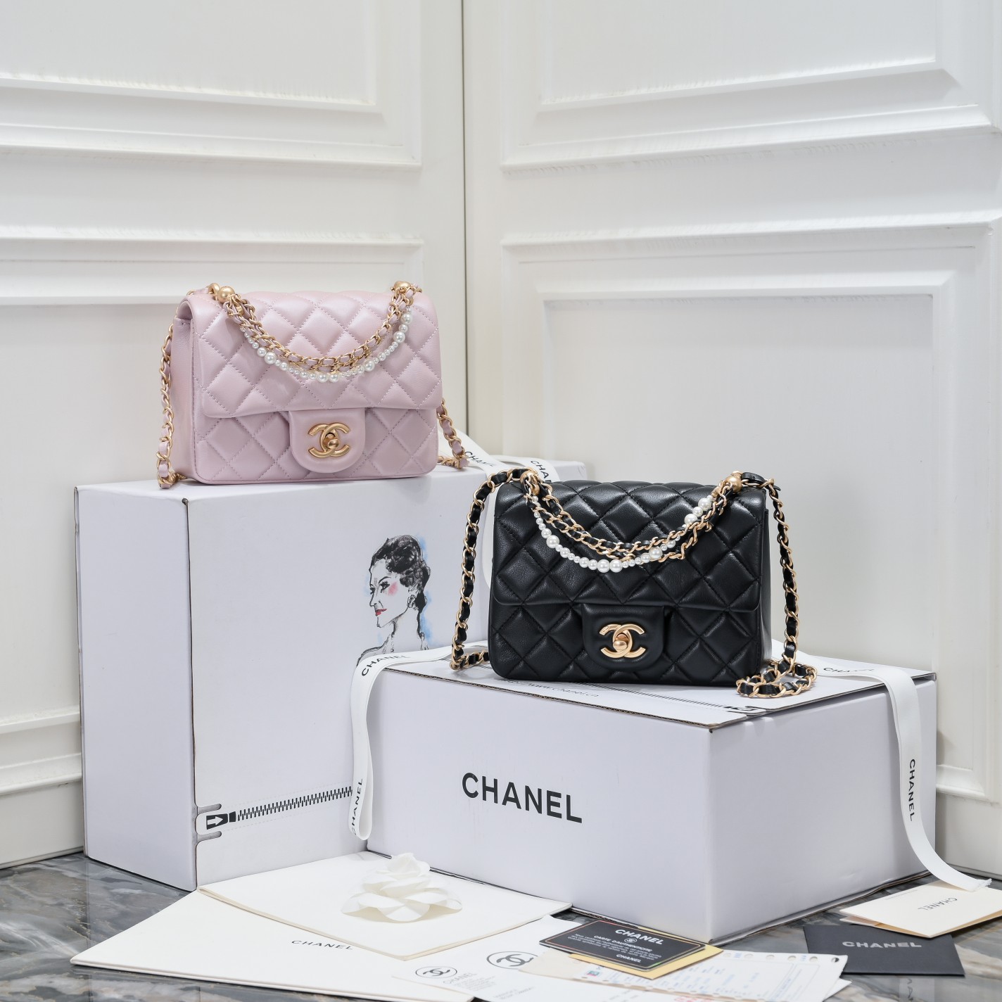 [TOP] CHANEL Classic Lambskin Flap Bags 17cm/19.5cm - Black/Pink - GHW