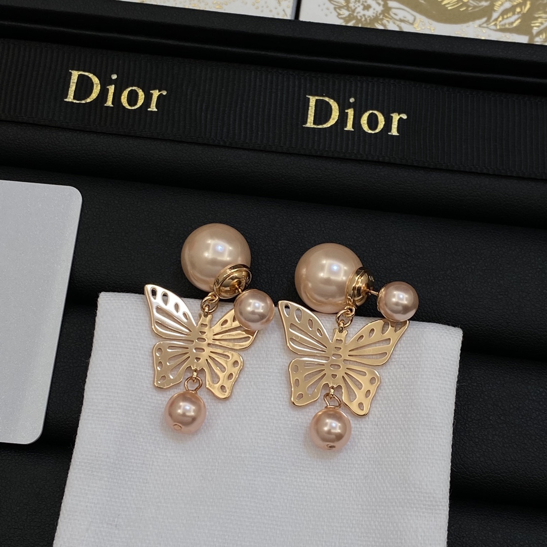 [TOP] Christian Dior Butterfly/Pearl Earrings - Rose Gold