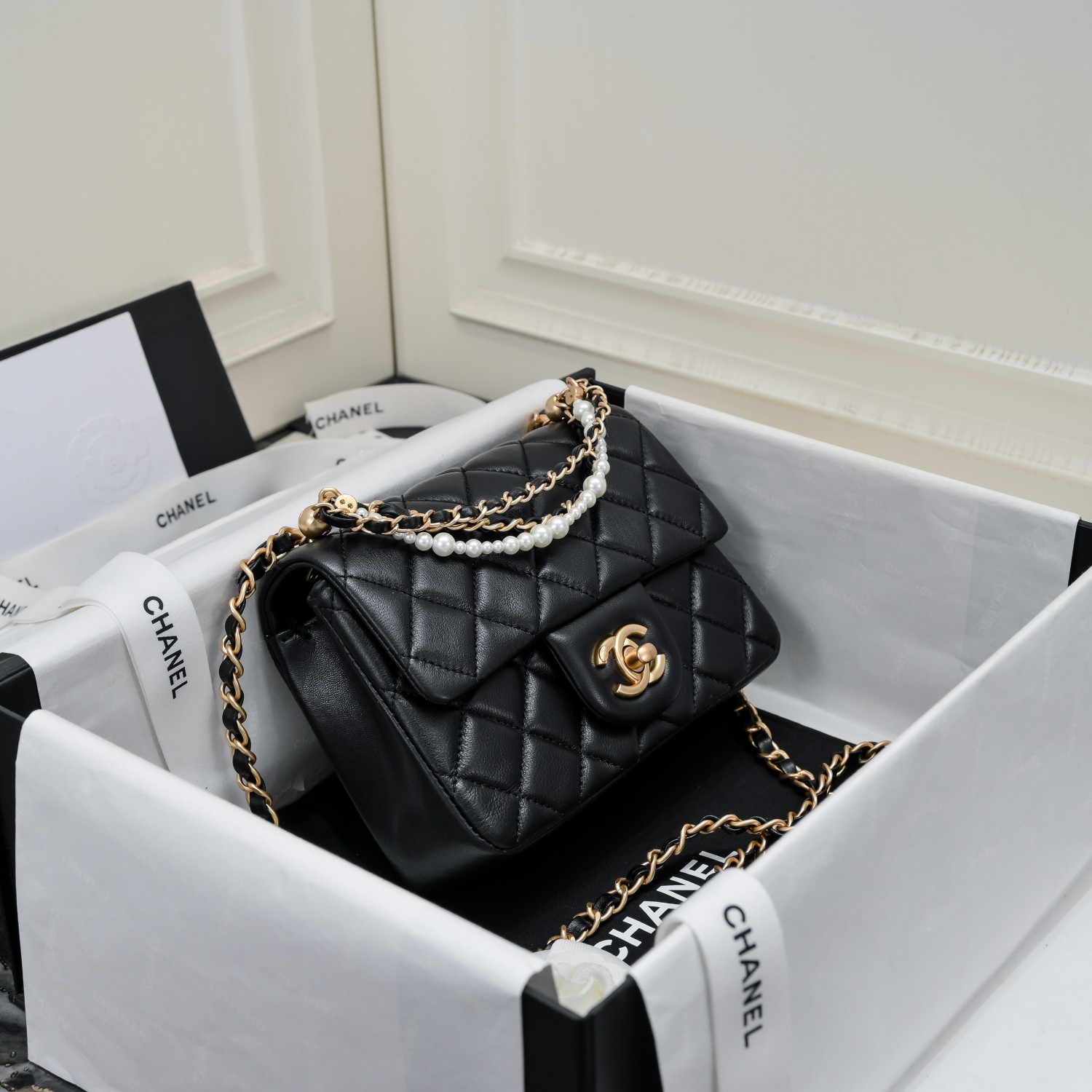[TOP] CHANEL Classic Lambskin Flap Bags 17cm/19.5cm - Black/Pink - GHW