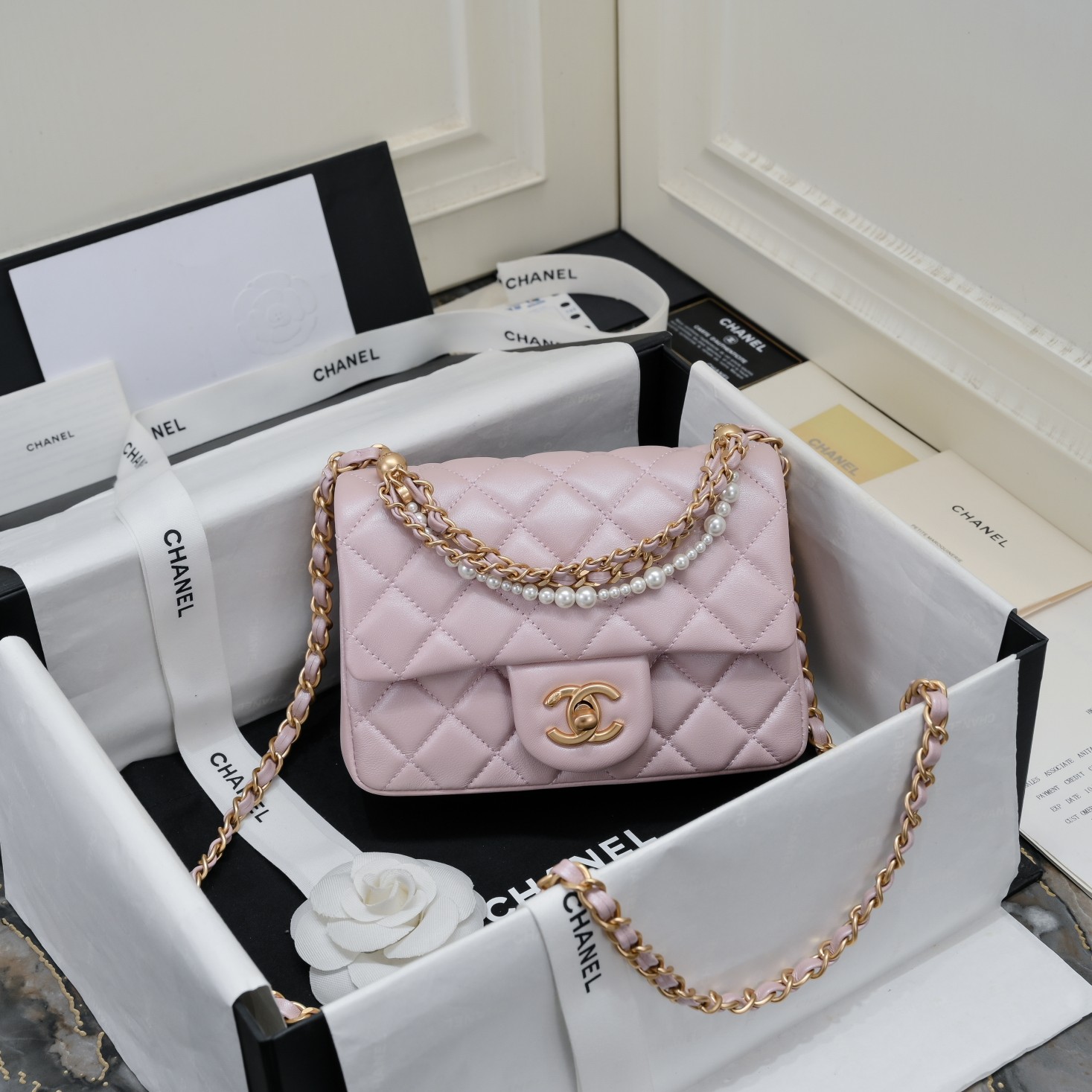 [TOP] CHANEL Classic Lambskin Flap Bags 17cm/19.5cm - Black/Pink - GHW